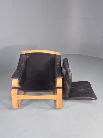 Vintage 1970s Lounge Chair Krokken By Fribytter Leather Bentwood Retro EB11999
