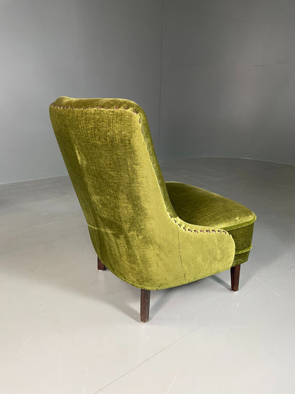 Vintage Cocktail Chair 1950s Danish Green Velvet Velour Retro EB06603