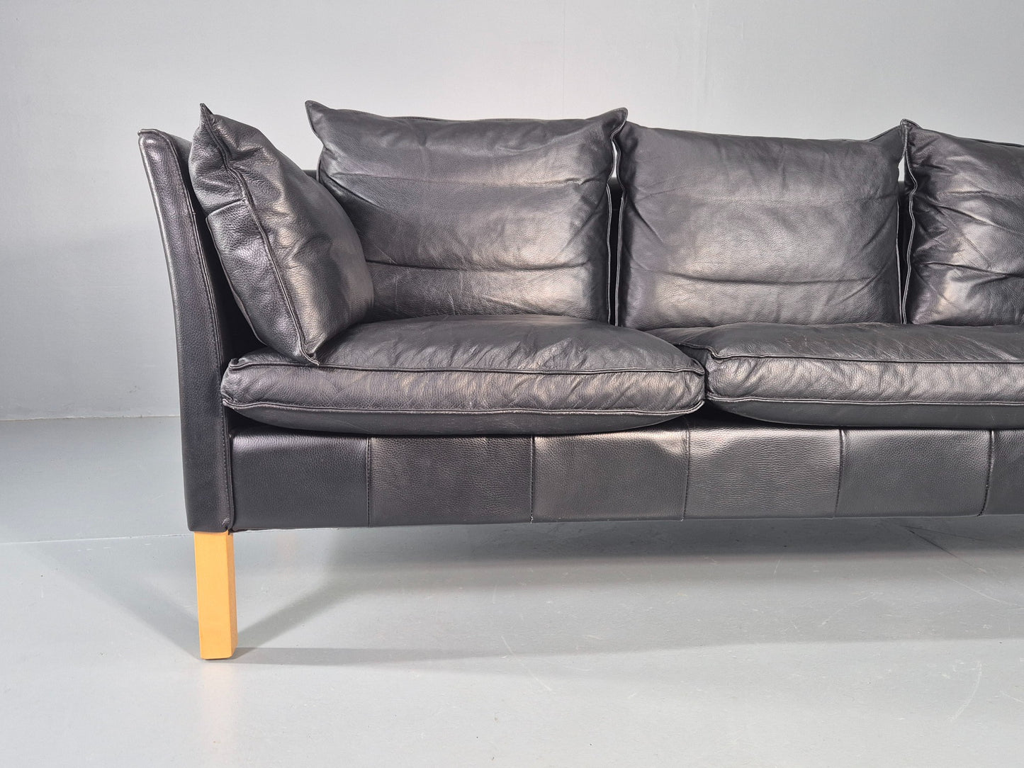 Vintage 3 Seater Sofa Danish Black Leather Mid Century Style 1980s Retro EB12418
