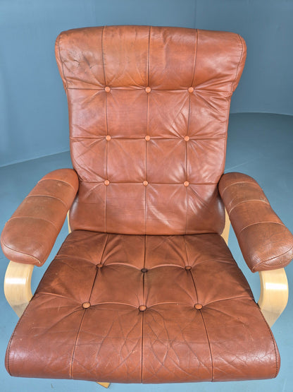 Vintage Danish Lounge Chair Tan Leather swivel and Recline 1970s Retro EB13092