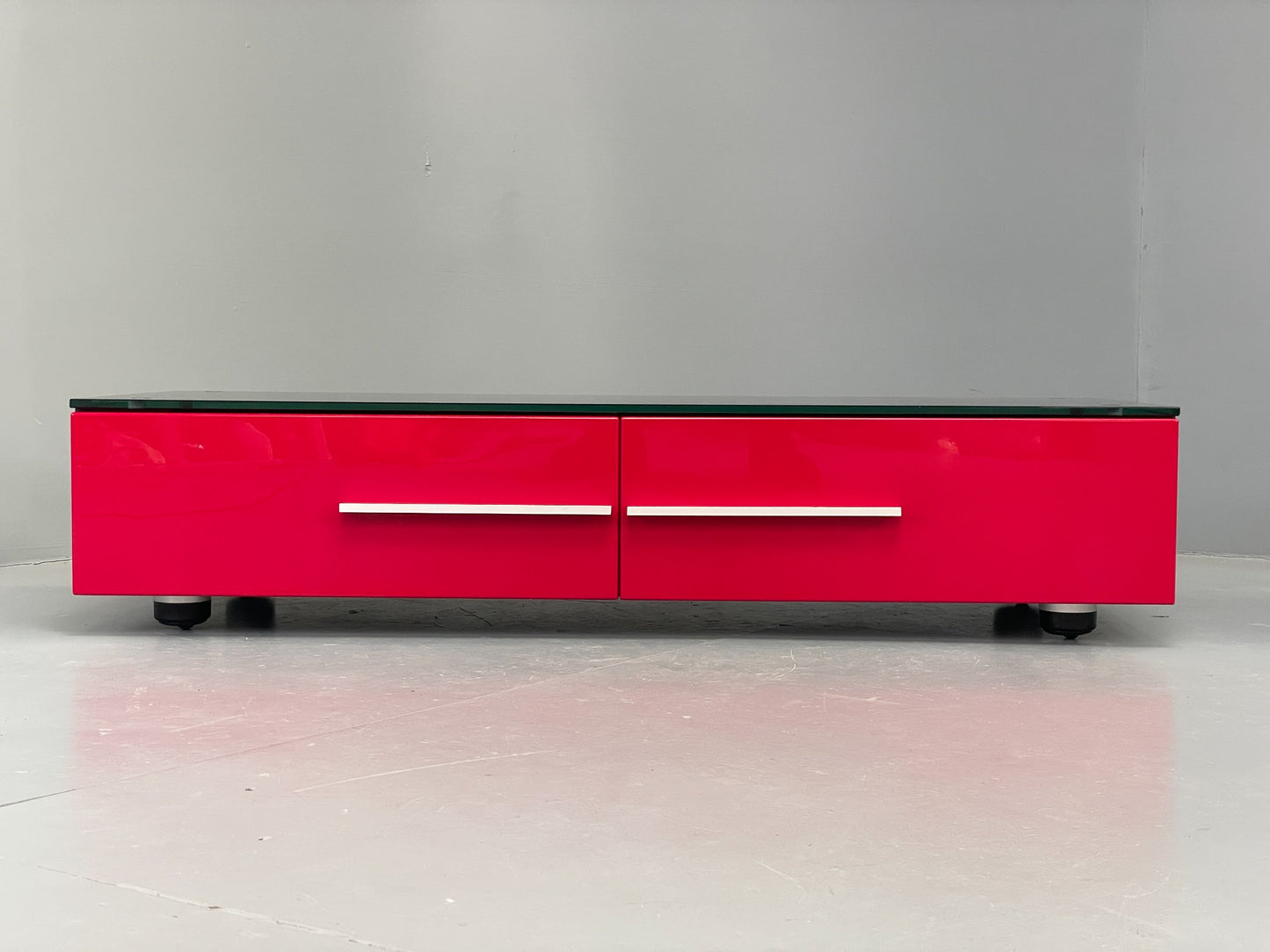 Modern Low TV Unit Glass Top Red Black Aluminium Handles Drawers EB12878