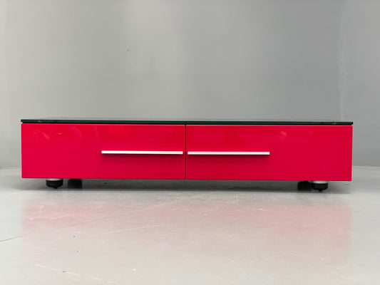 Modern Low TV Unit Glass Top Red Black Aluminium Handles Drawers EB12878