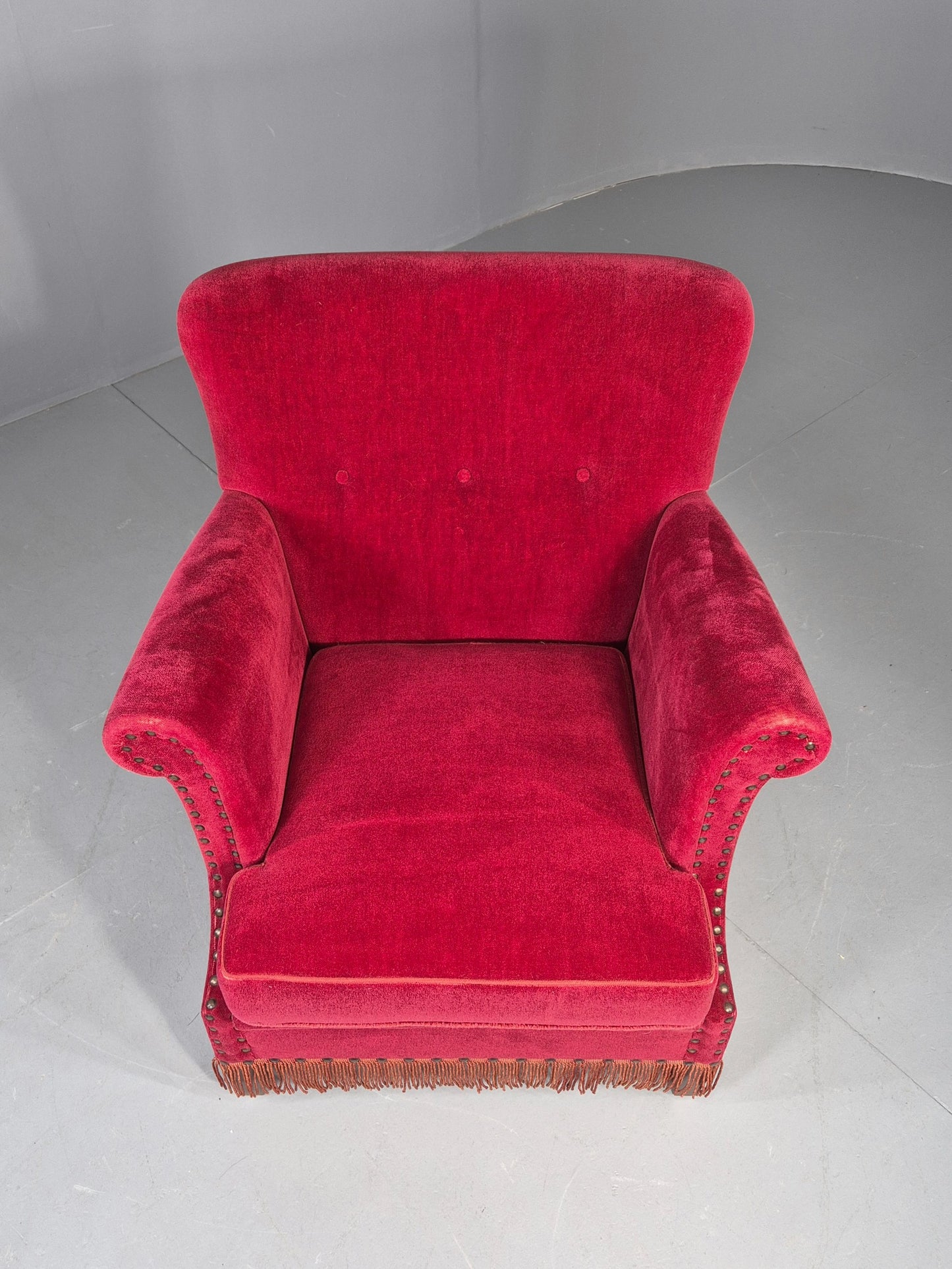 Vintage Wingback Lounge Chair Red Velour Cream Cushion Danish 1960s EB12762