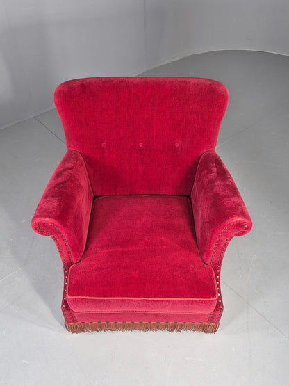 Vintage Wingback Lounge Chair Red Velour Cream Cushion Danish 1960s EB12762