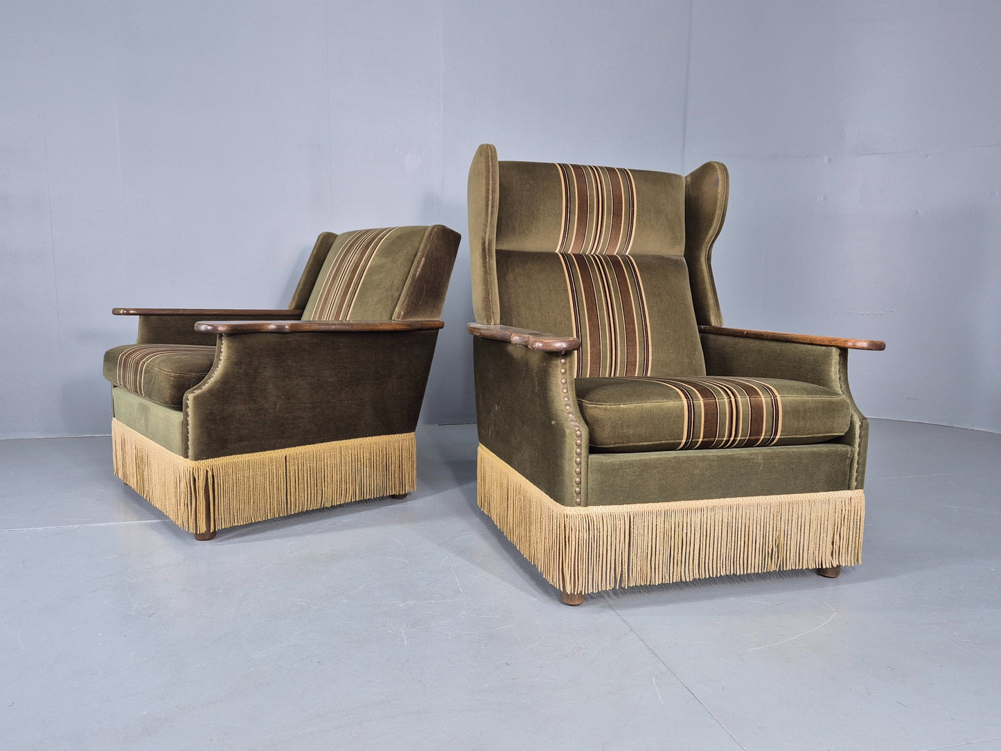 2 Vintage Danish 1970s Lounge Chairs Oak Kjaernulf Arms Green Stripe EB12686