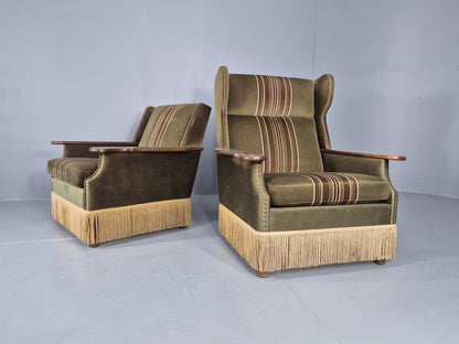 2 Vintage Danish 1970s Lounge Chairs Oak Kjaernulf Arms Green Stripe EB12686