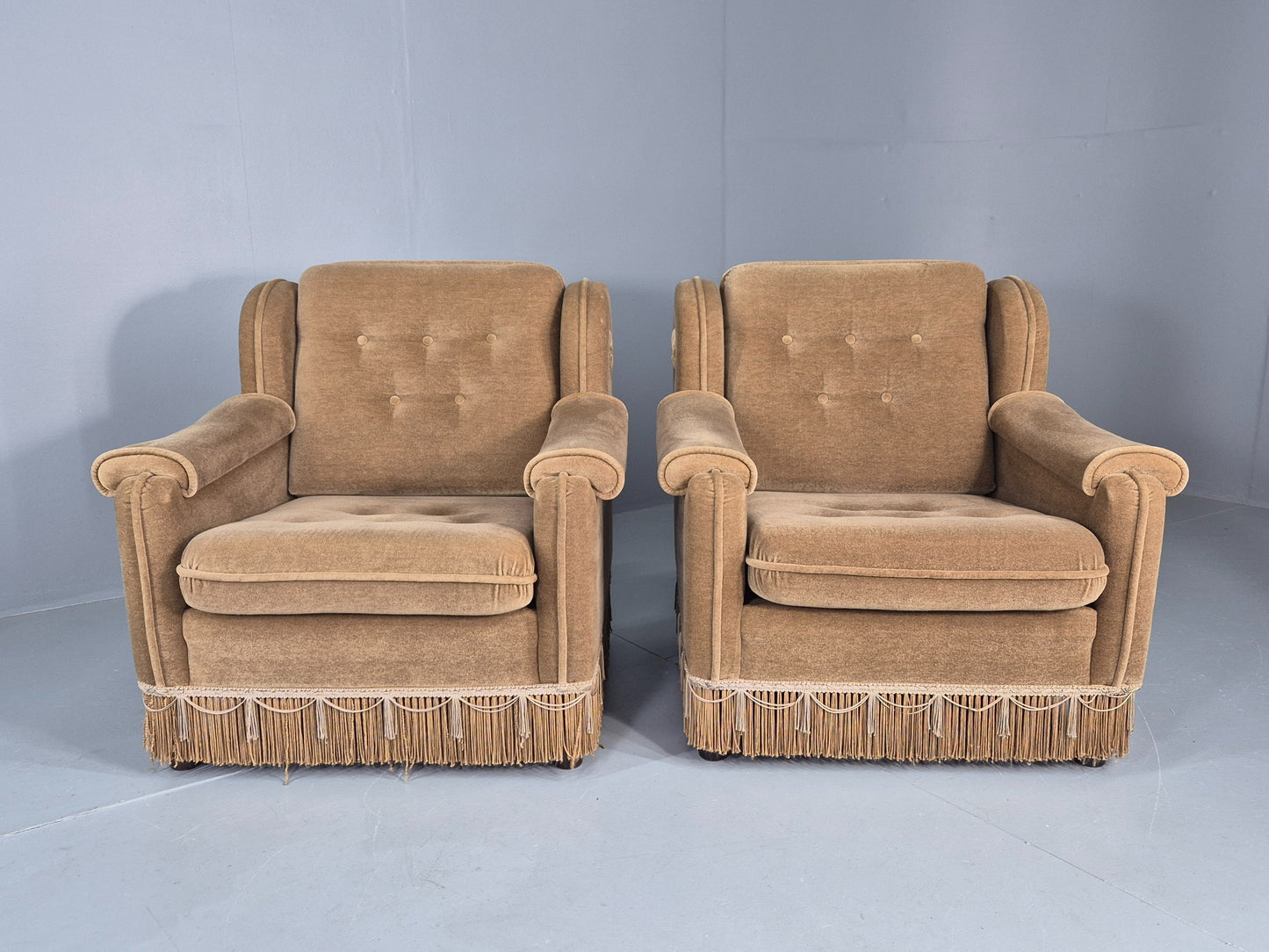 Vintage 1970s Lounge Chairs Green Velour Tassels Wing Back Danish Retro EB12137