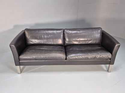 Vintage 3 Seater Stouby Sofa 1990s Black Leather Steel Legs Retro MCM  EB09079