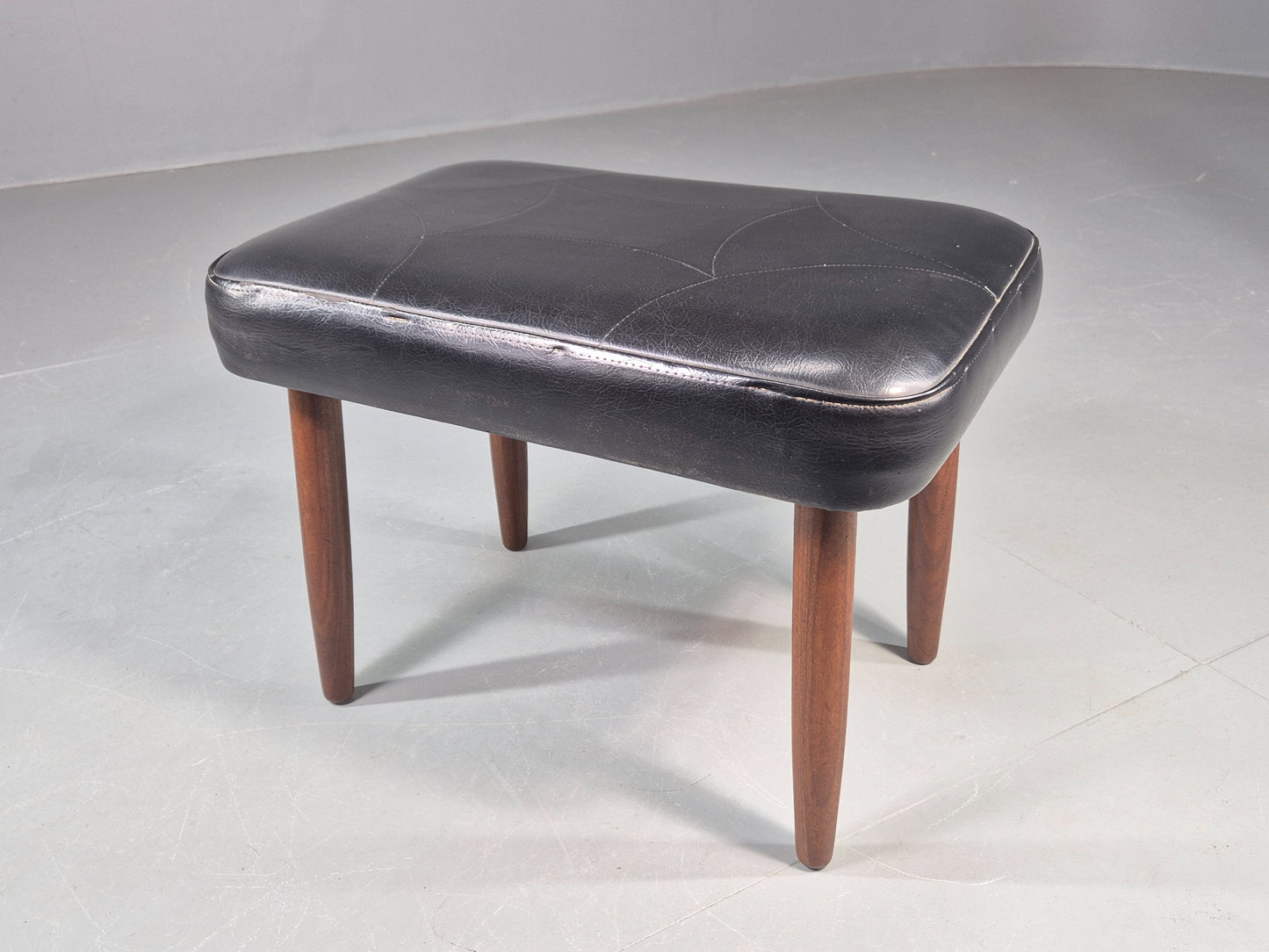 Vintage Danish Mid Century Footstool Black Vinyl Teak Legs Retro 1960s EB12156