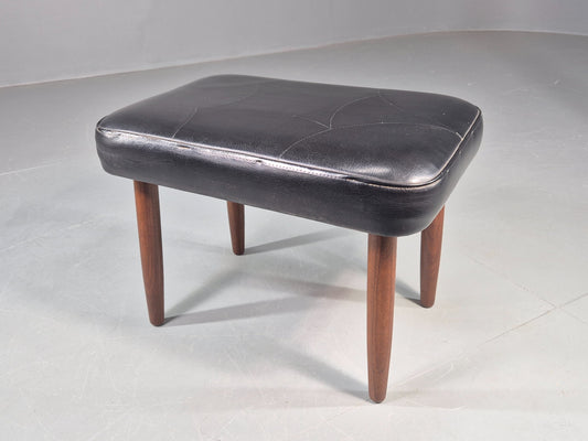 Vintage Danish Mid Century Footstool Black Vinyl Teak Legs Retro 1960s EB12156