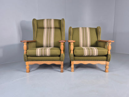 2 Vintage Lounge Chair Kjaernulf Style Oak Frames Green Wool 1970s Retro EB12687