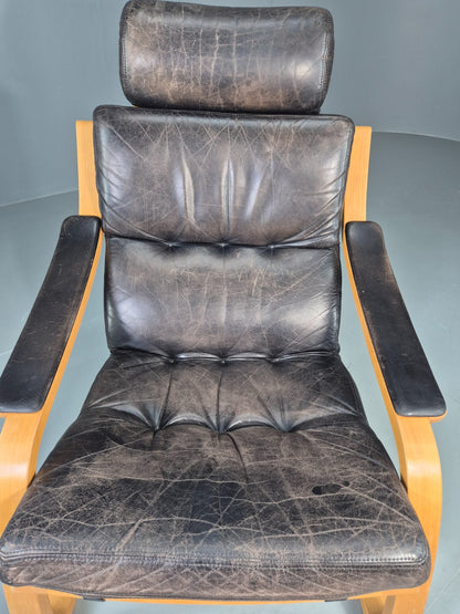 Vintage 1970s Danish Lounge Chair Black Leather and Bentwood MCM Retro EB13082