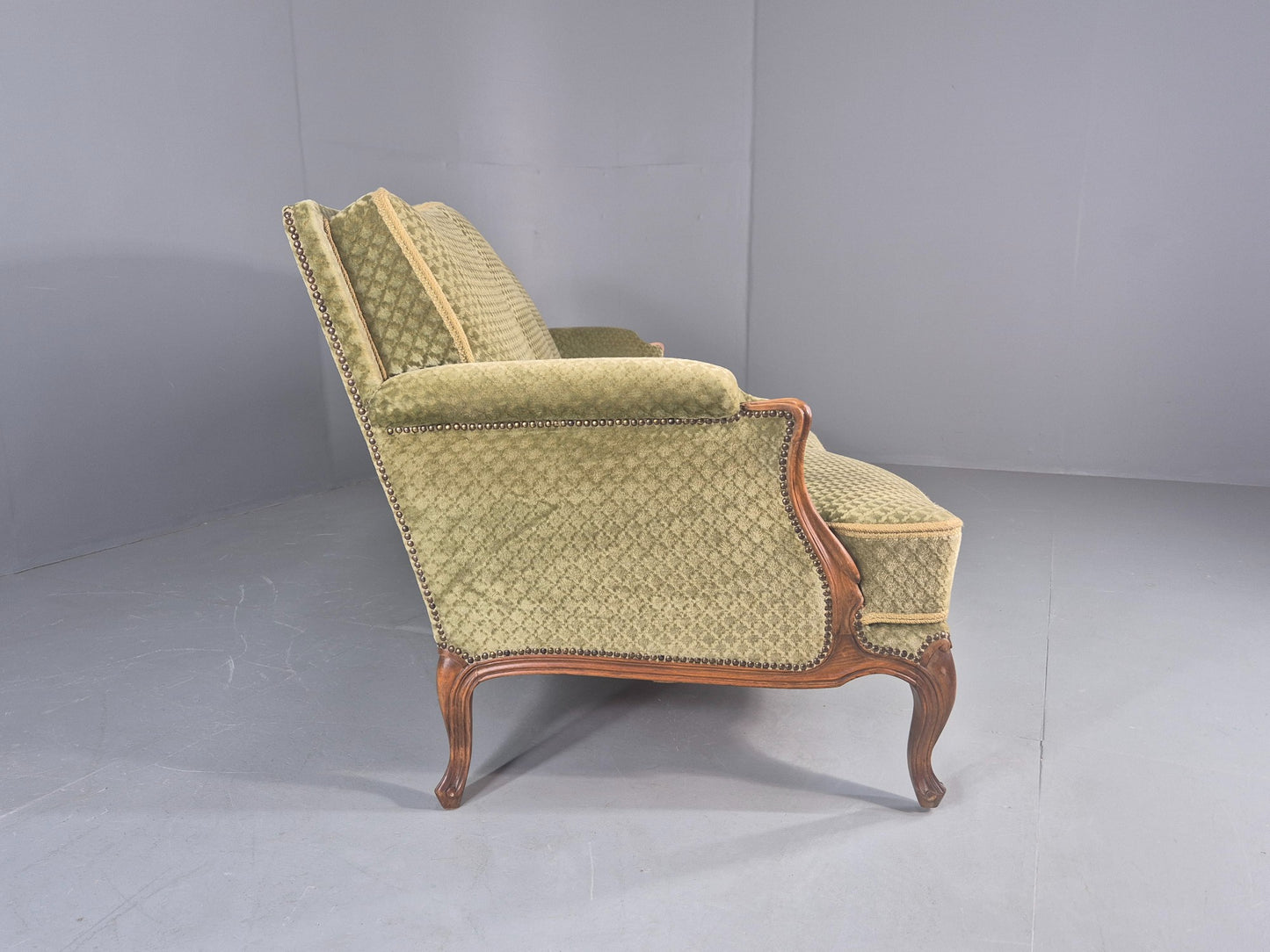 Vintage 3 Seater Sofa  Danish Rococo Style Carved Wood Green Velour  EB12705