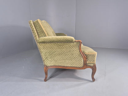 Vintage 3 Seater Sofa  Danish Rococo Style Carved Wood Green Velour  EB12705