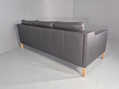 Vintage Danish 3 Seat Sofa Black Leather Mogensen Style 1980s Retro MCM EB12445