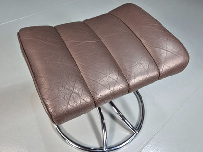 Vintage Mid Century Footstool Stressless 1970s Brown Leather Chrome EB07922