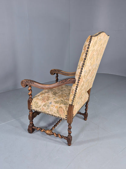 Vintage Baroque Style Armchair Carved Oak Frame 1950s Danish Antique EB12700