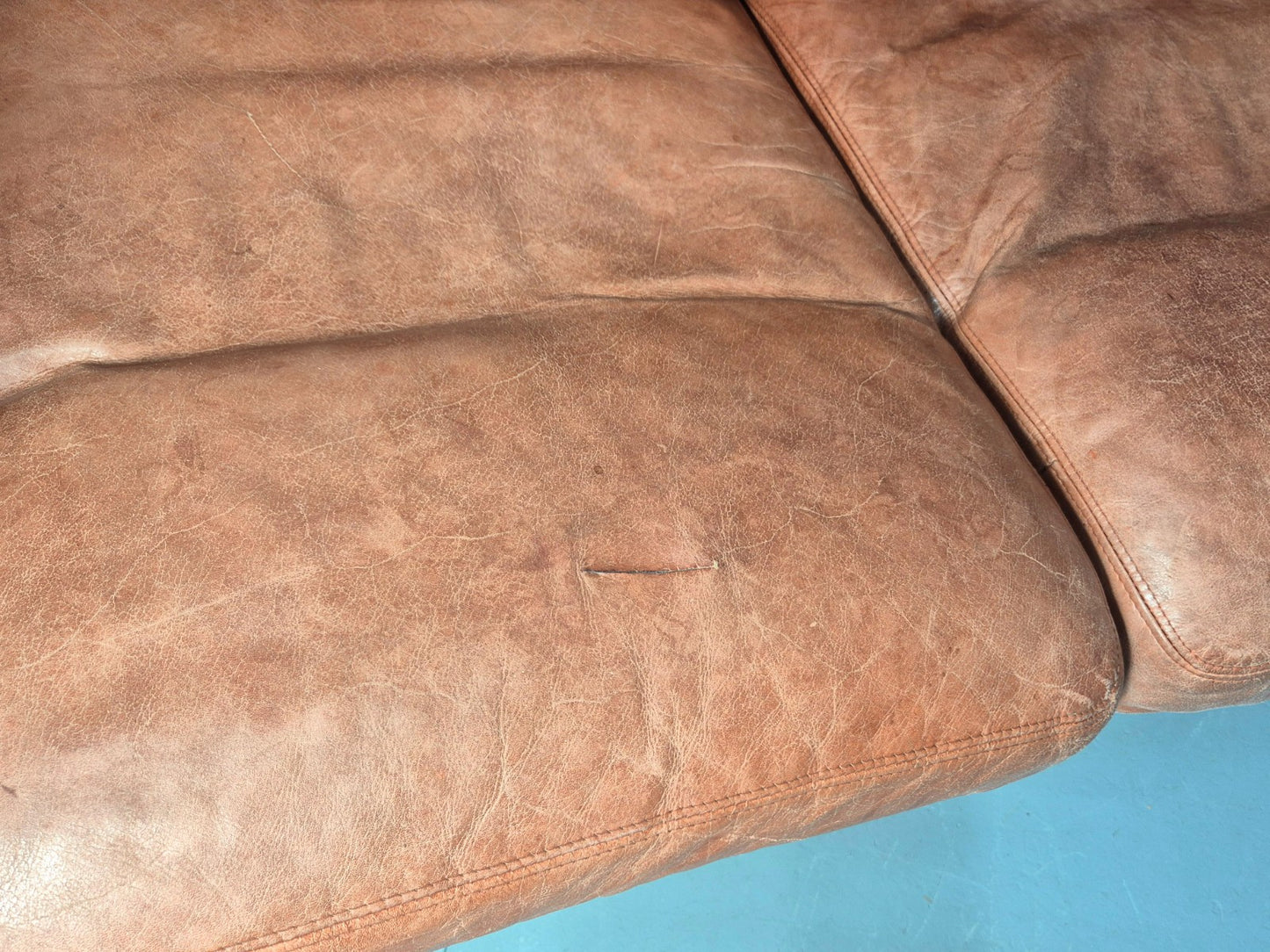 Vintage 3 Seater Sofa Tan Leather Stouby Style 1980s Retro MCM EB10104