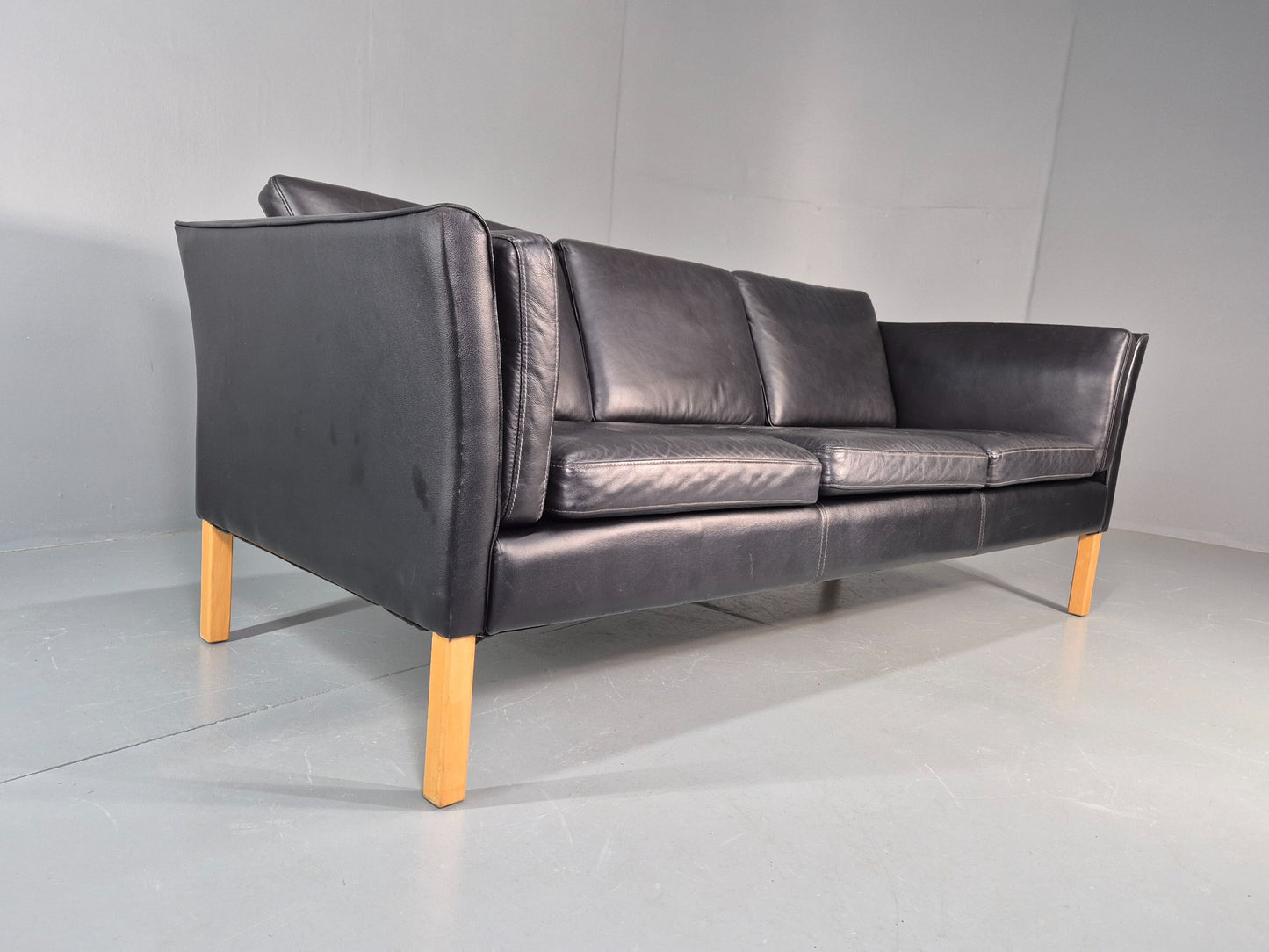 Vintage 3 seater sofa Danish Black Leather and Vinyl 1980s Retro EB11642