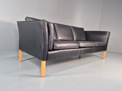 Vintage 3 seater sofa Danish Black Leather and Vinyl 1980s Retro EB11642
