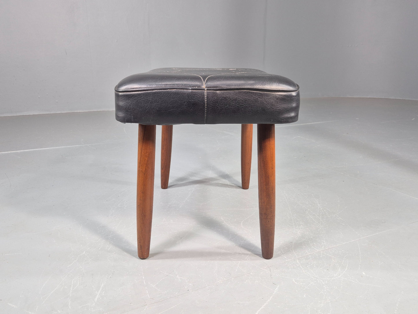 Vintage Mid Century Footstool Danish Black Vinyl Teak Legs 1960s Retro EB12012