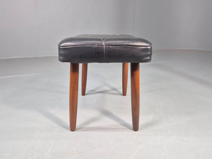 Vintage Mid Century Footstool Danish Black Vinyl Teak Legs 1960s Retro EB12012