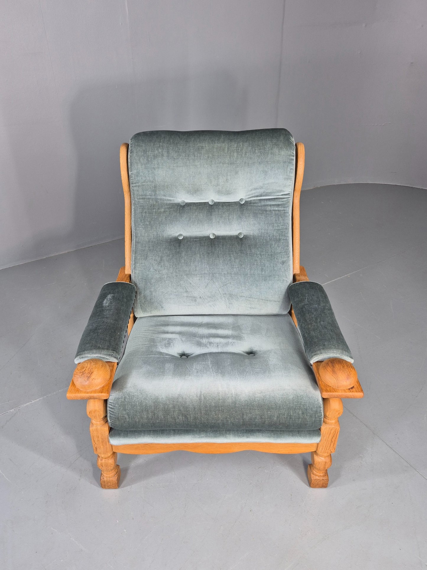 Vintage Danish 1970s Oak Lounge Chair Blue Velour Upholstery Retro EB12709