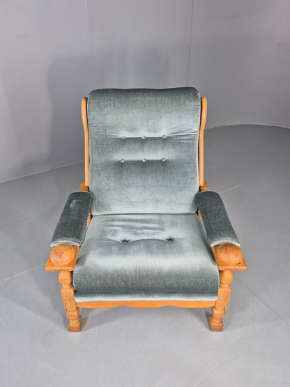 Vintage Danish 1970s Oak Lounge Chair Blue Velour Upholstery Retro EB12709