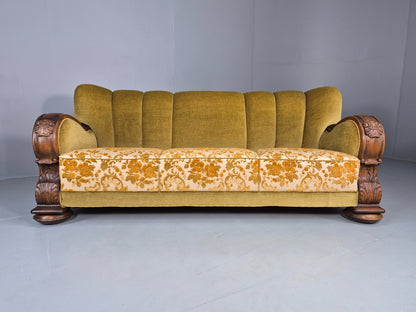 Vintage Danish 3 Seater Sofa 1940s Craved Oak Frame Shell Back Art Deco 12836