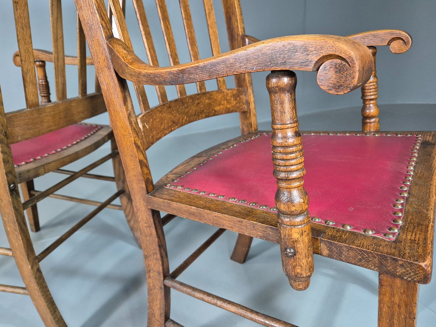 2 Antique Elbow Chairs Danish Oak Frame Red Leather 1900s EB07393