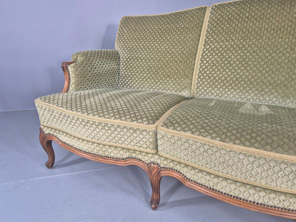 Vintage 3 Seater Sofa  Danish Rococo Style Carved Wood Green Velour  EB12705