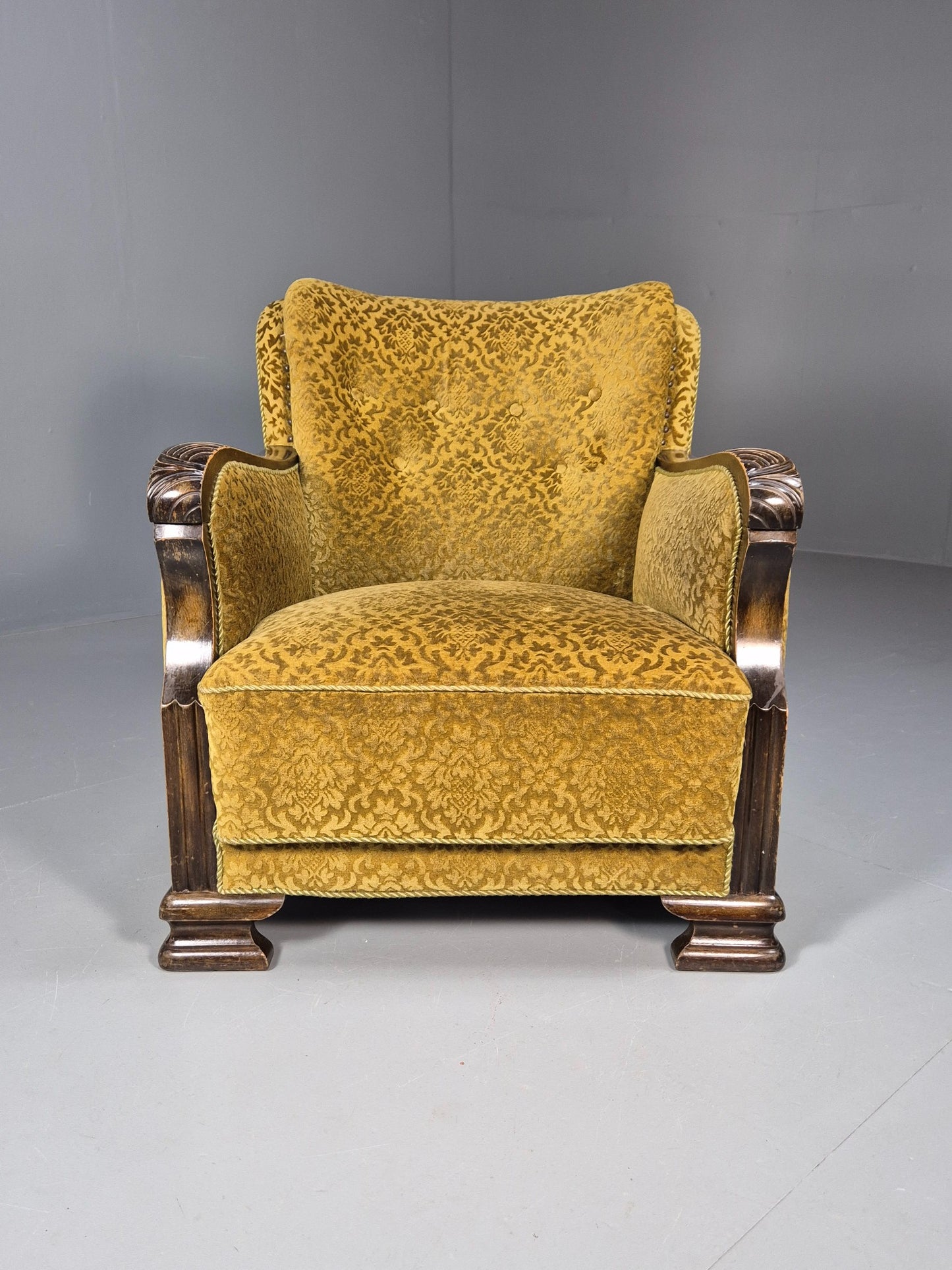 Antique Danish floral Mustard Colour Armchair 1920s Wood Frame EB08975