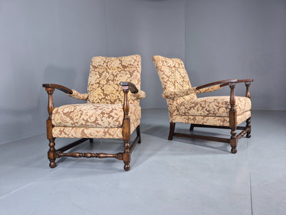 2 Utility Era Open Armed Lounge Chairs Wood Frames Floral Moquette 1940s EB12915