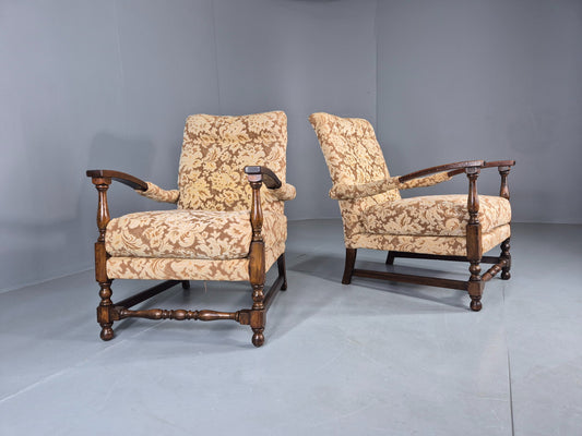 2 Utility Era Open Armed Lounge Chairs Wood Frames Floral Moquette 1940s EB12915