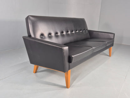 Vintage Three Seat Sofa 1960s Swedish Black Vinyl Upholstery Retro EB11126