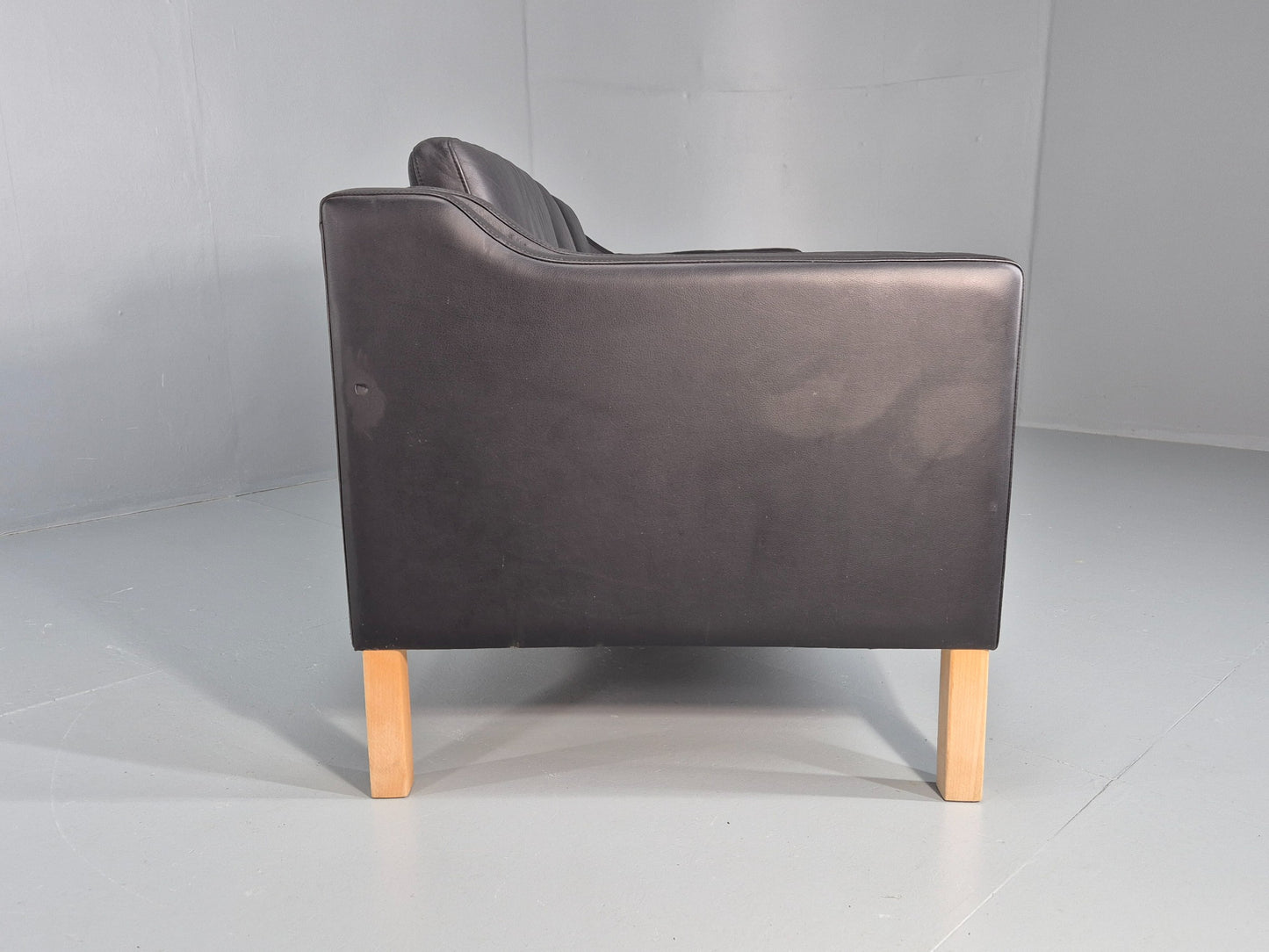 Vintage 3 Seater Sofa Danish Black Leather Mogensen Style Retro MCM 80s EB12440