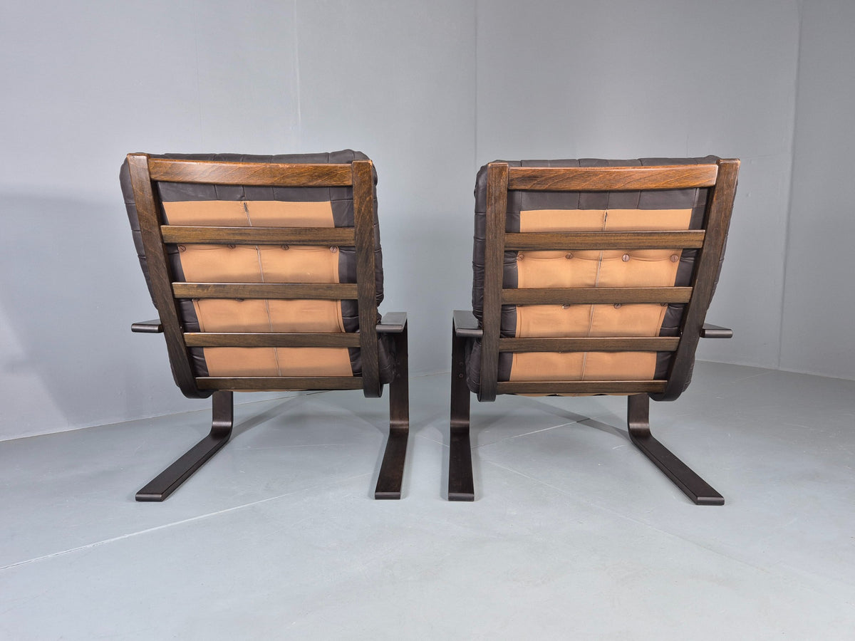 2 Vintage Leather Lounge Chairs 1970s Danish Bentwood MCM Retro  EB13080