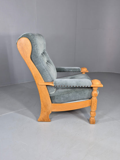 Vintage Danish 1970s Oak Lounge Chair Blue Velour Upholstery Retro EB12709