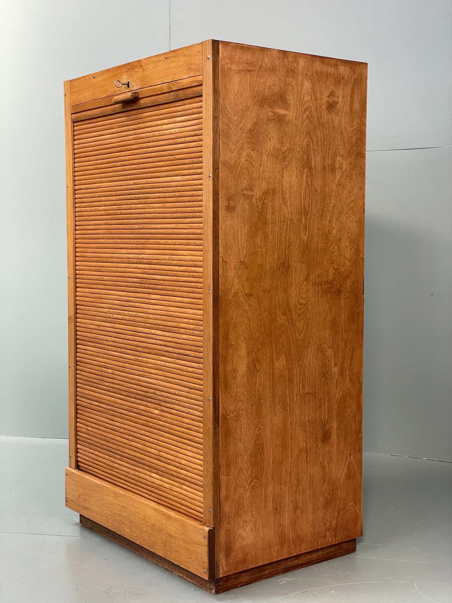 Vintage Tambour Fronted Cabinet Oak Walnut Danish Mid Century Shelving EB12516
