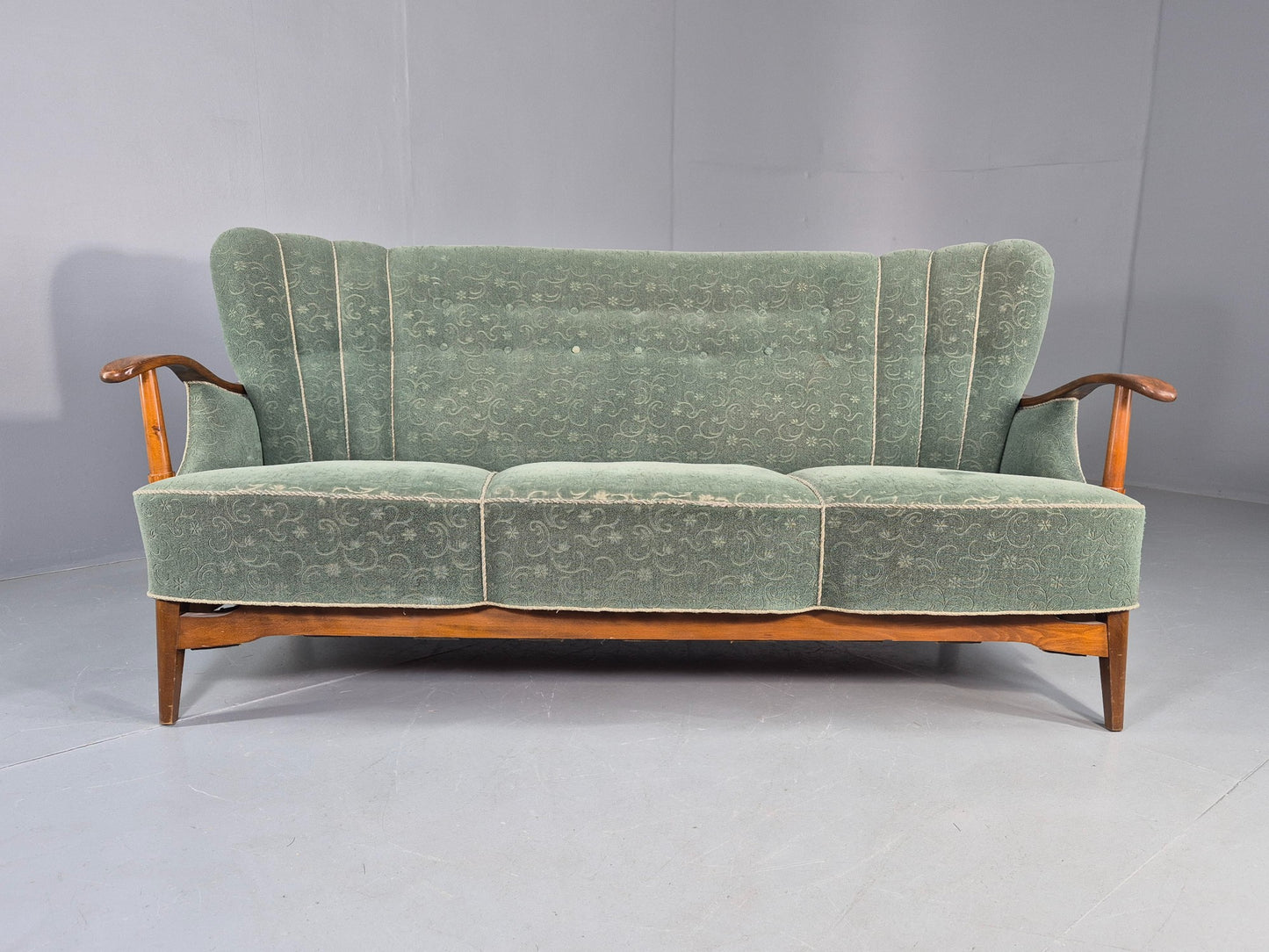 Danish 1950s 3 seater Sofa Shell Back Green Moquette Curved Front EB12768