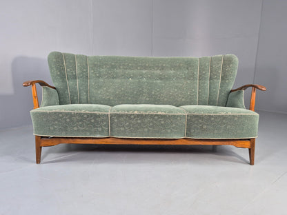 Danish 1950s 3 seater Sofa Shell Back Green Moquette Curved Front EB12768