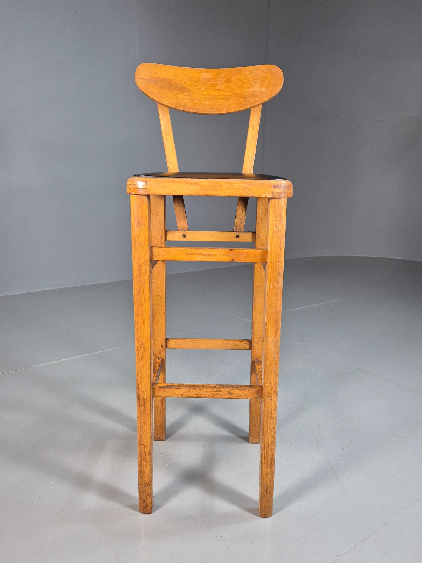 Vintage Mid-century Black Vinyl and Beech Bar Stool 1960s Retro EB07918
