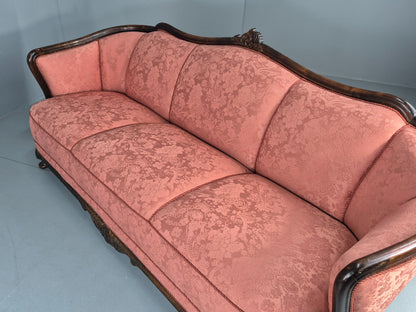 Vintage Danish Art Deco 3 Seater Sofa Carved Hardwood Frame Pink Damask EB12742