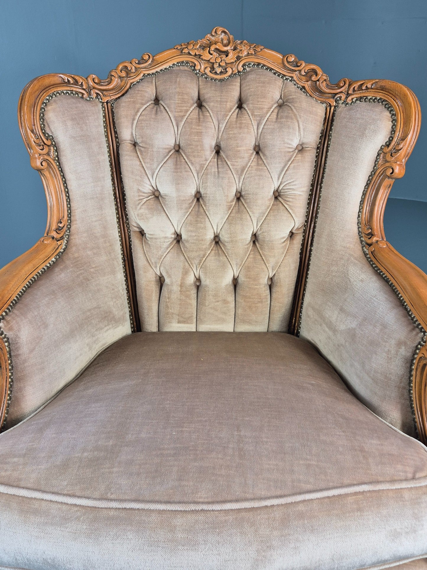 Vintage Danish Rococo Armchair Beech Frame Biege Velour 1970s Retro EB12718