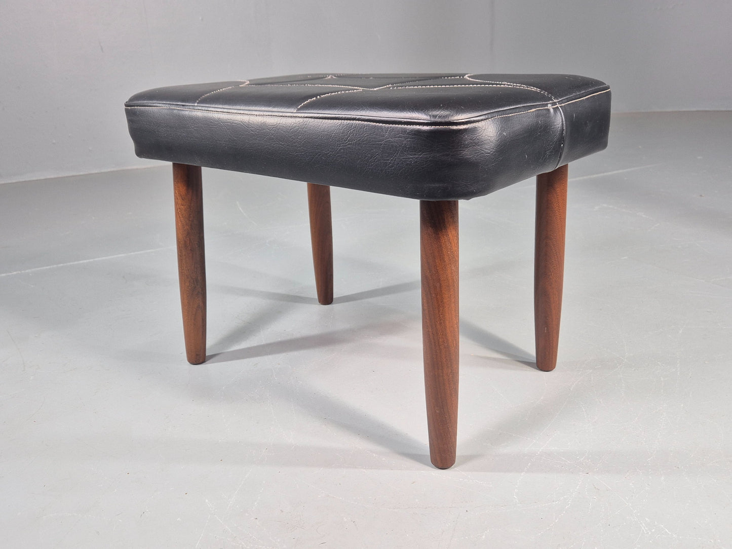 Vintage Mid Century Footstool Danish Black Vinyl Teak Legs Stitch Detail EB12031