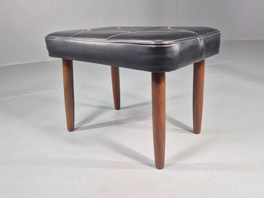 Vintage Mid Century Footstool Danish Black Vinyl Teak Legs Stitch Detail EB12031