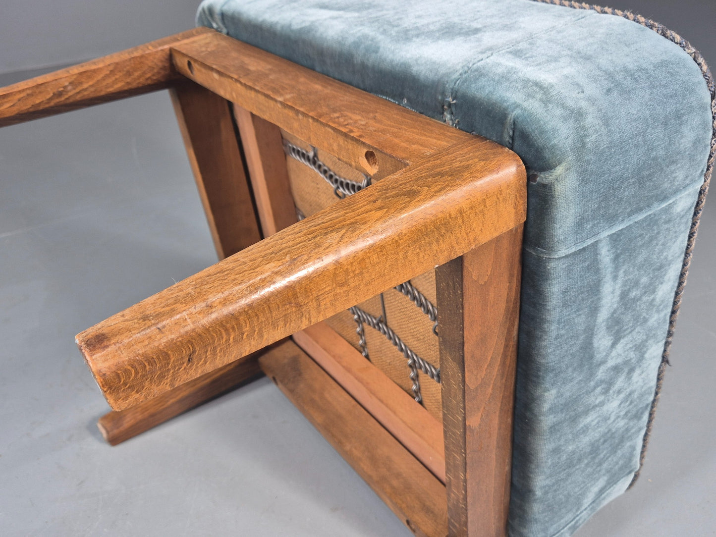 Vintage Danish Mid Century Footstool Blue Velour Upholstery 1950s Retro EB12053