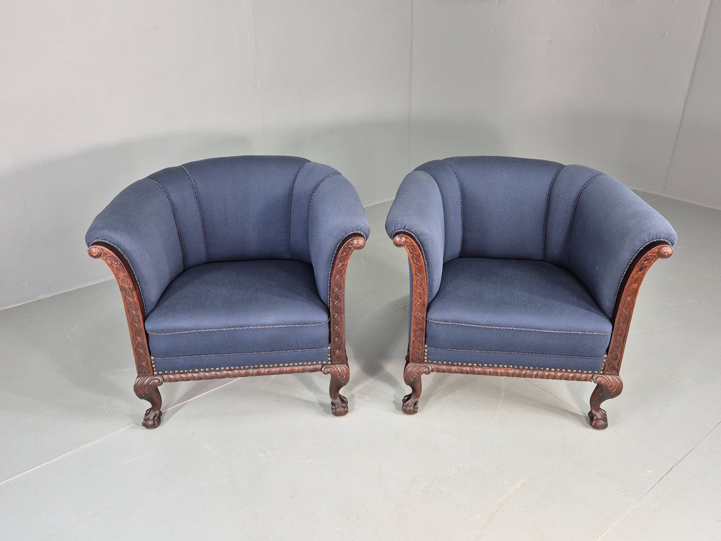 2 Vintage Danish Antique Tub Chairs Rope Twist Oak Ball Claw 1900s EB12684