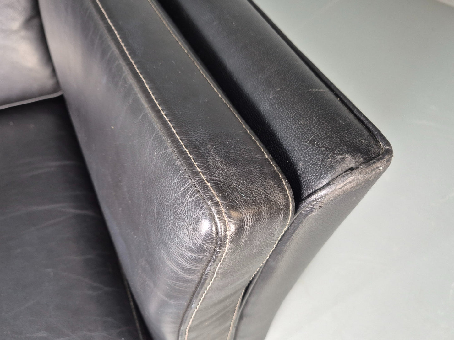 Vintage 3 seater sofa Danish Black Leather and Vinyl 1980s Retro EB11642