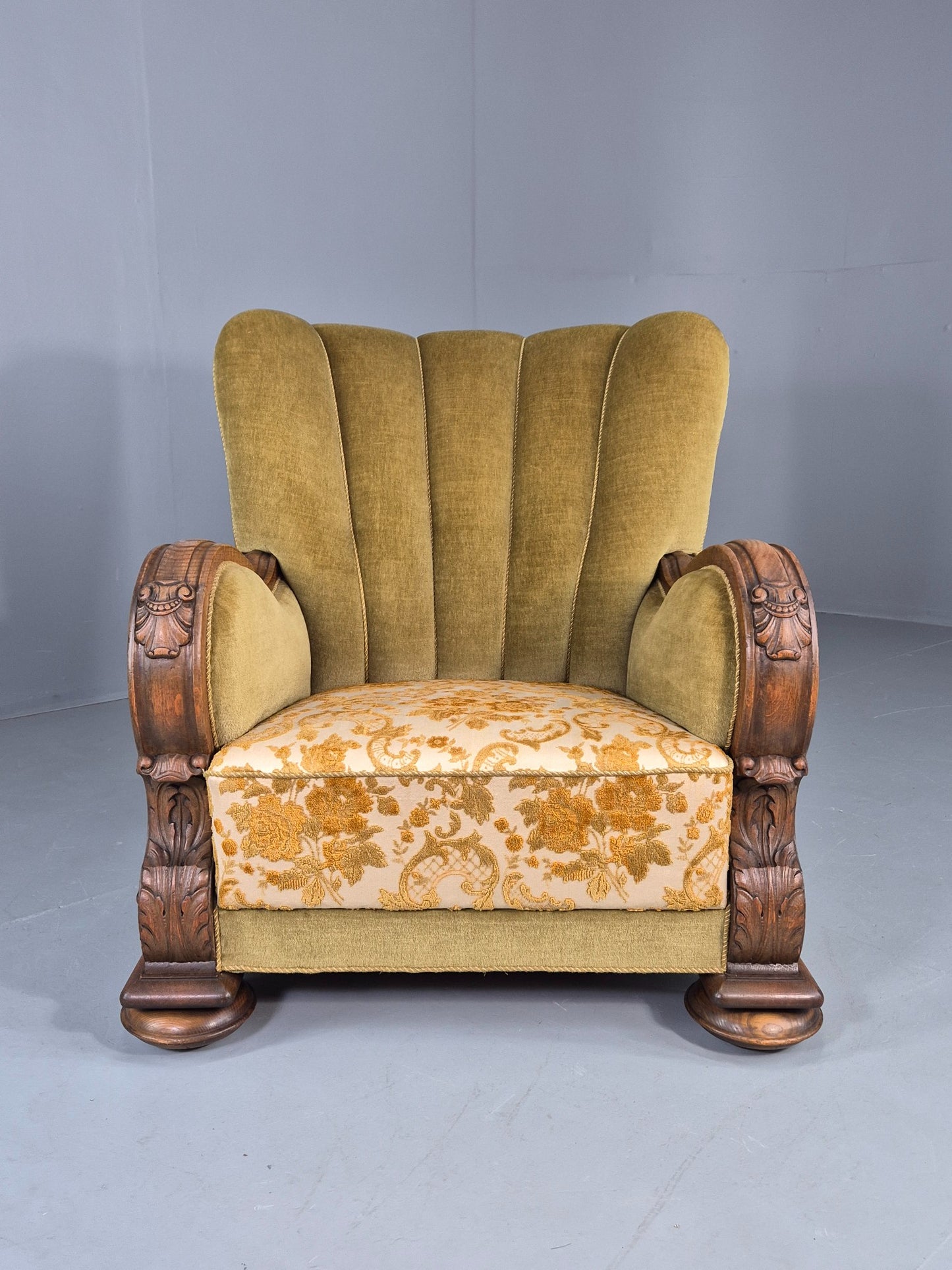 Vintage Danish Art Deco Lounge Chair Carved Oak Frame 1940s Green Floral EB12837
